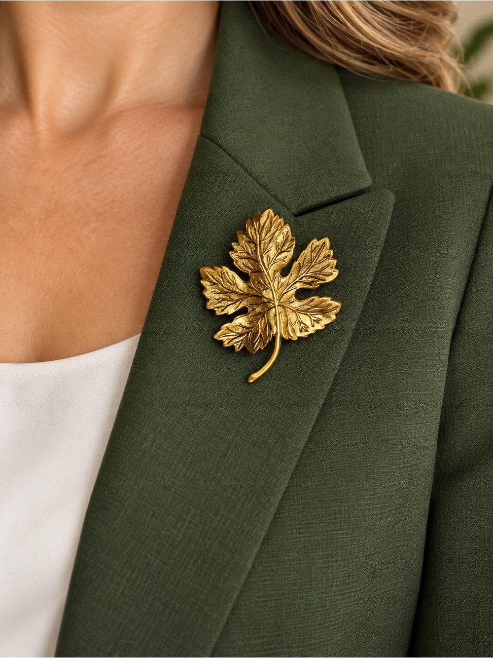 Gold Tone Textured Autumn Leaf Brooch Vintage Elegant Botanical Statement Pin
